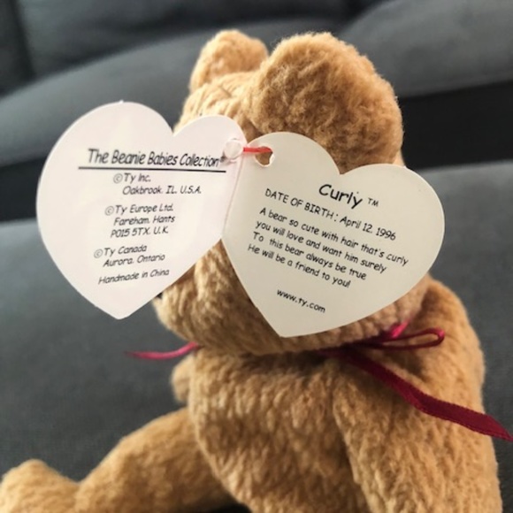 Vintage/Retired TY Curly Beanie Baby Brown Bear with tag - Picture 3 of 8